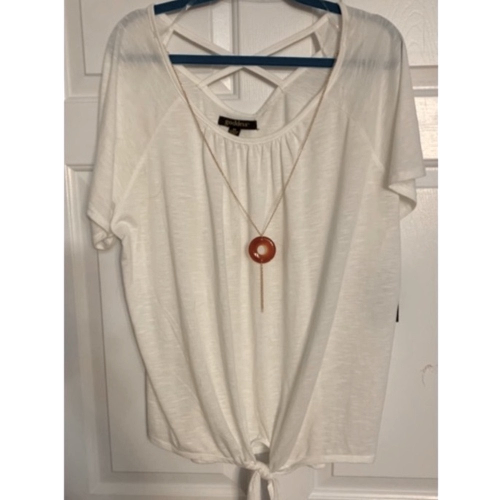 🦋 Goddess Ivory Crisscross Neck Tie Front Slub Knit Top w/ Necklace NWT 3X